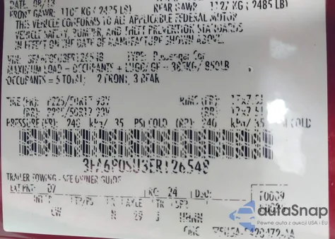 2014 Ford Fusion Energi Titanium z USA, uszkodzony, nr VIN 3FA6P0SU3ER126548